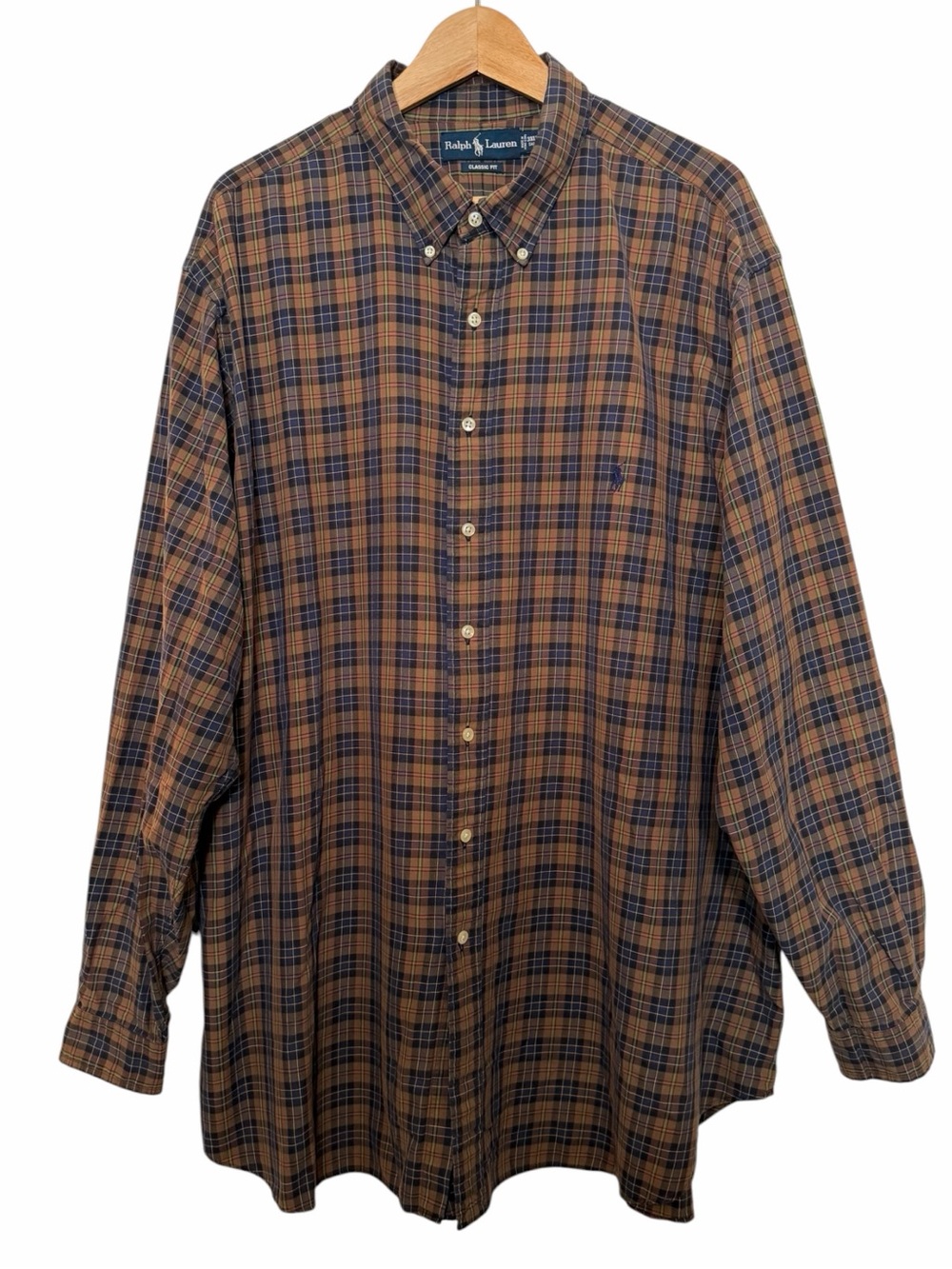 Ralph Lauren Shirt Men 3XLT Tall Navy Brown Plaid Button Down Pony Classic Fit